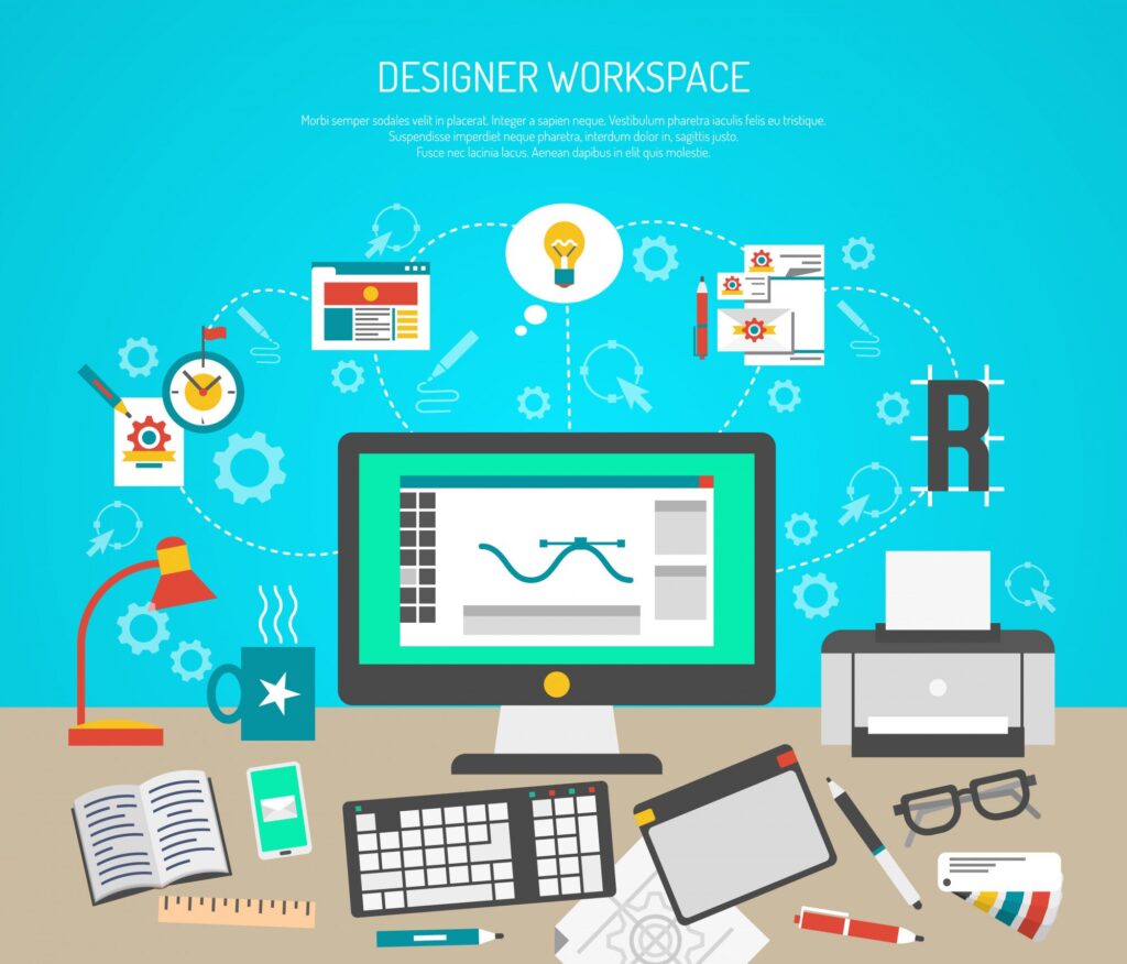 designer workspace concept with flat graphic design tools computer monitor 1284 7556