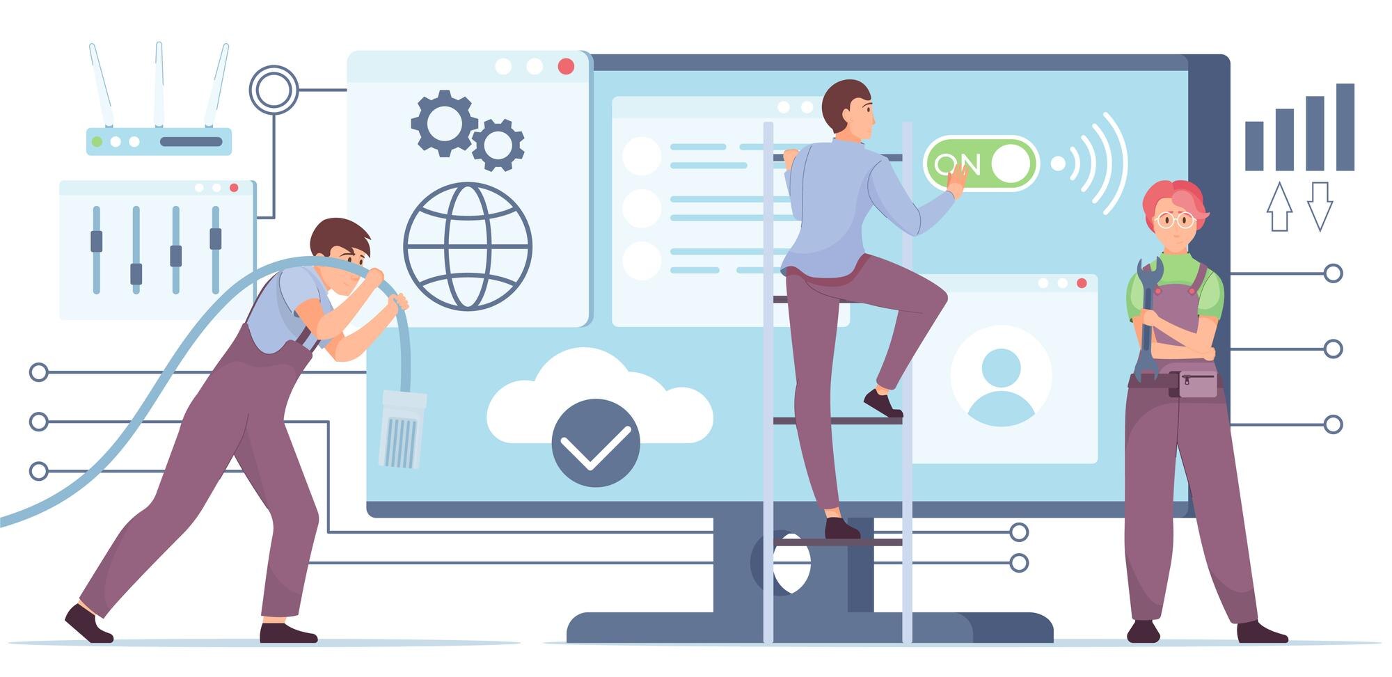 technicians setting up internet flat composition with computer monitor router vector illustration 1284 75087
